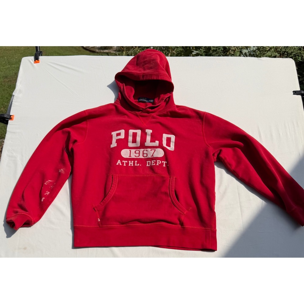 Polo Ralph Lauren Mens Red Hoodie 1967 Athl Dept Graphic Pullover Distressed LG